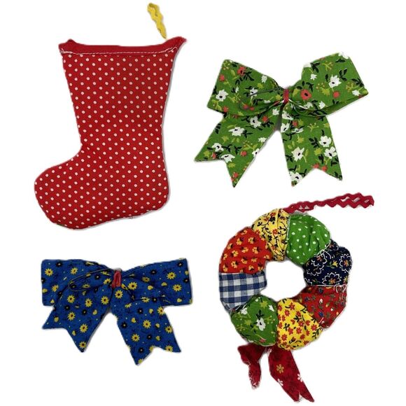 Lot of 4 Vintage Quilted Fabric Patchwork Christmas Tree Ornaments Handmade - Picture 2 of 12